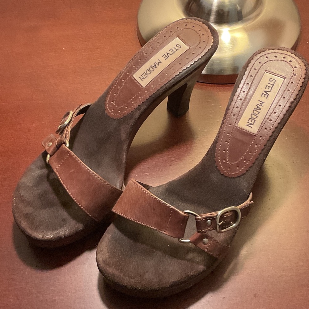 Steve Madden Brown Leather Buckle Heeled Mules